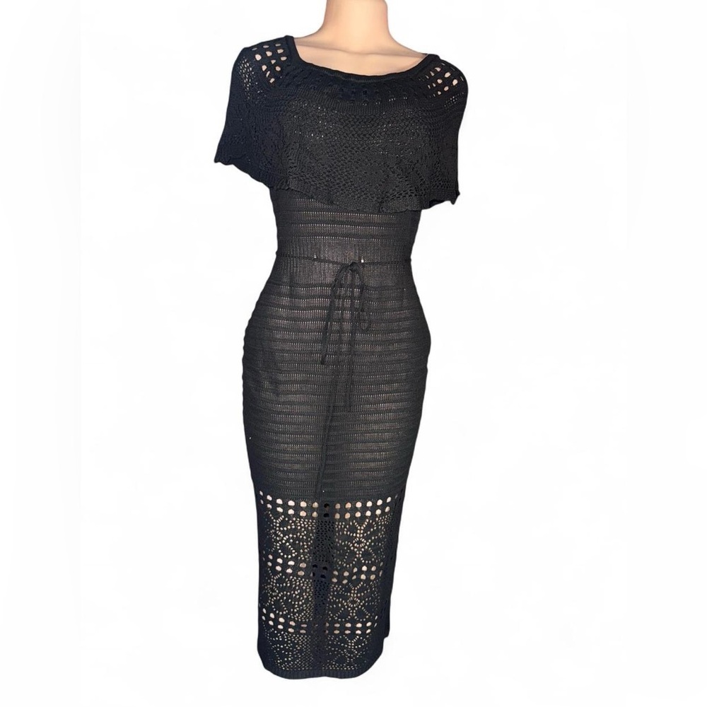 Black One-Shoulder Crochet Midi Dress with Drawstring Waist